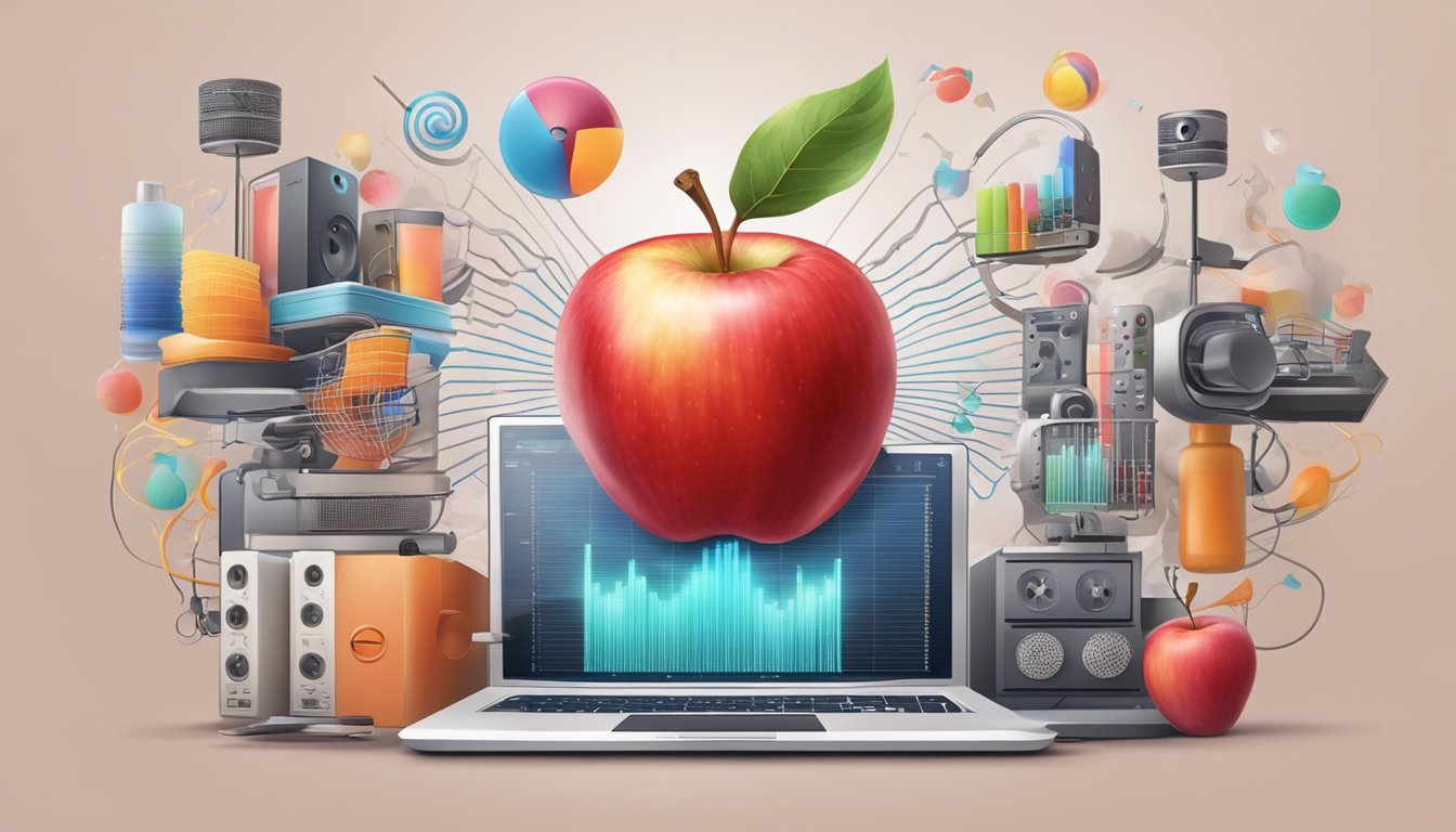 A red apple emitting sound waves, with a brain in the background, surrounded by various consumer products