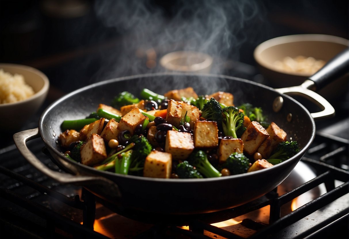A wok sizzles with stir-fried vegetables and tofu coated in rich, glossy black bean sauce. Steam rises as the aroma of garlic and ginger fills the air