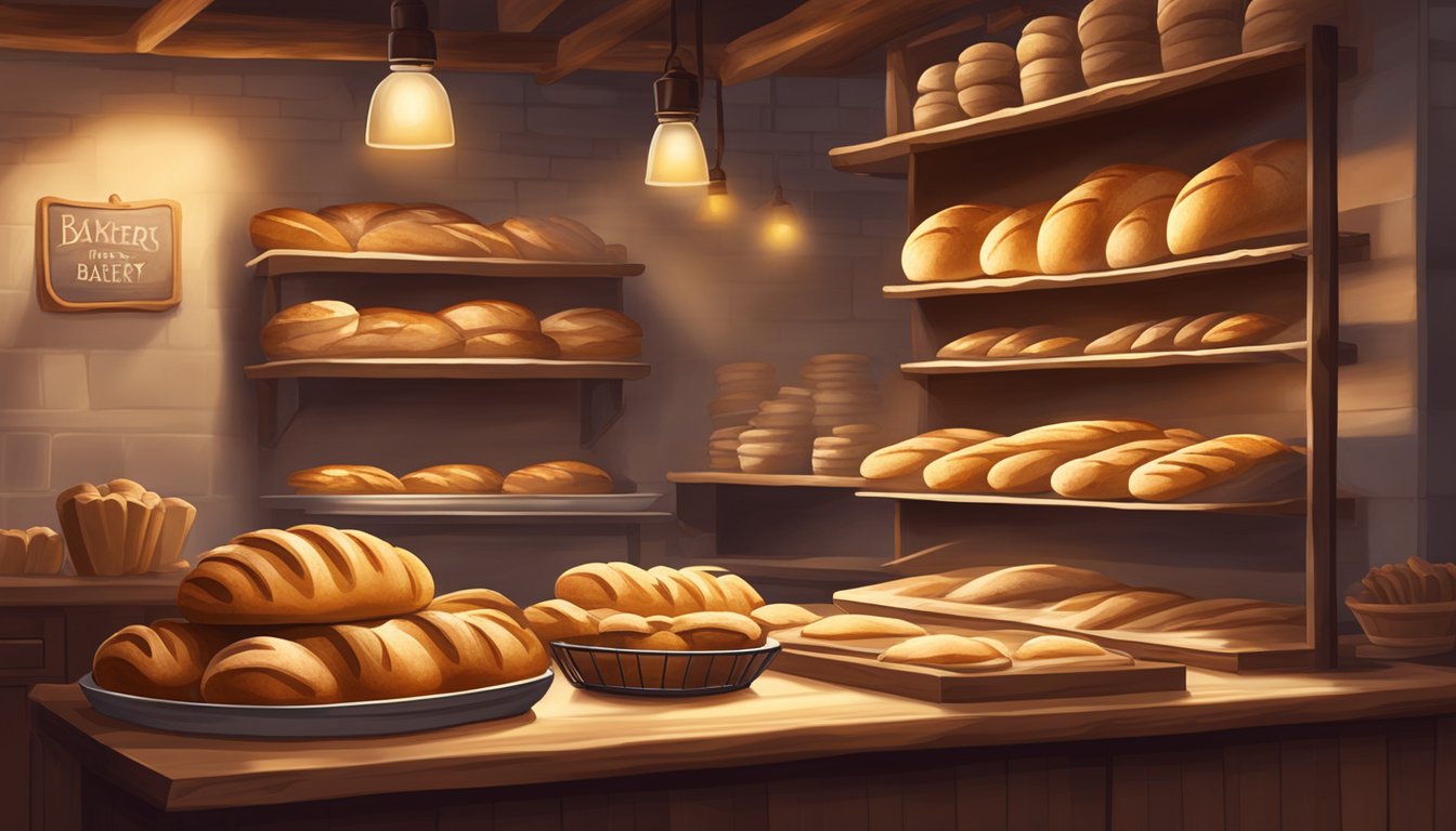 A rustic bakery with shelves of freshly baked bread, a warm glow from the oven, and a flour-dusted work surface