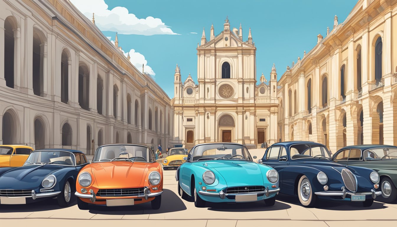 A row of iconic European car brands parked in front of a grand old cathedral