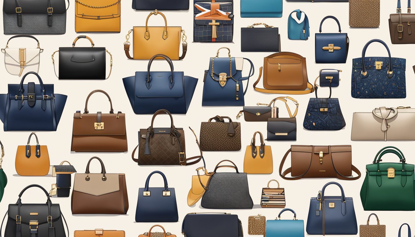 A display of iconic British handbag brands, showcasing various styles and designs, including classic leather, modern patterns, and elegant hardware details