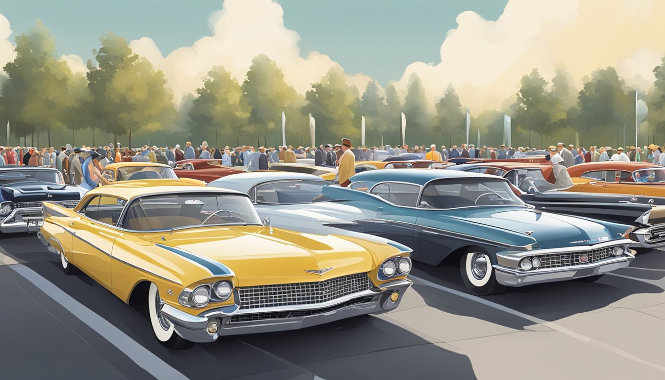 Classic cars line up at a vintage car show, featuring American legends and innovators like Ford, Chevrolet, and Cadillac. The sun shines on the sleek curves and polished chrome, while eager crowds admire the timeless automotive designs