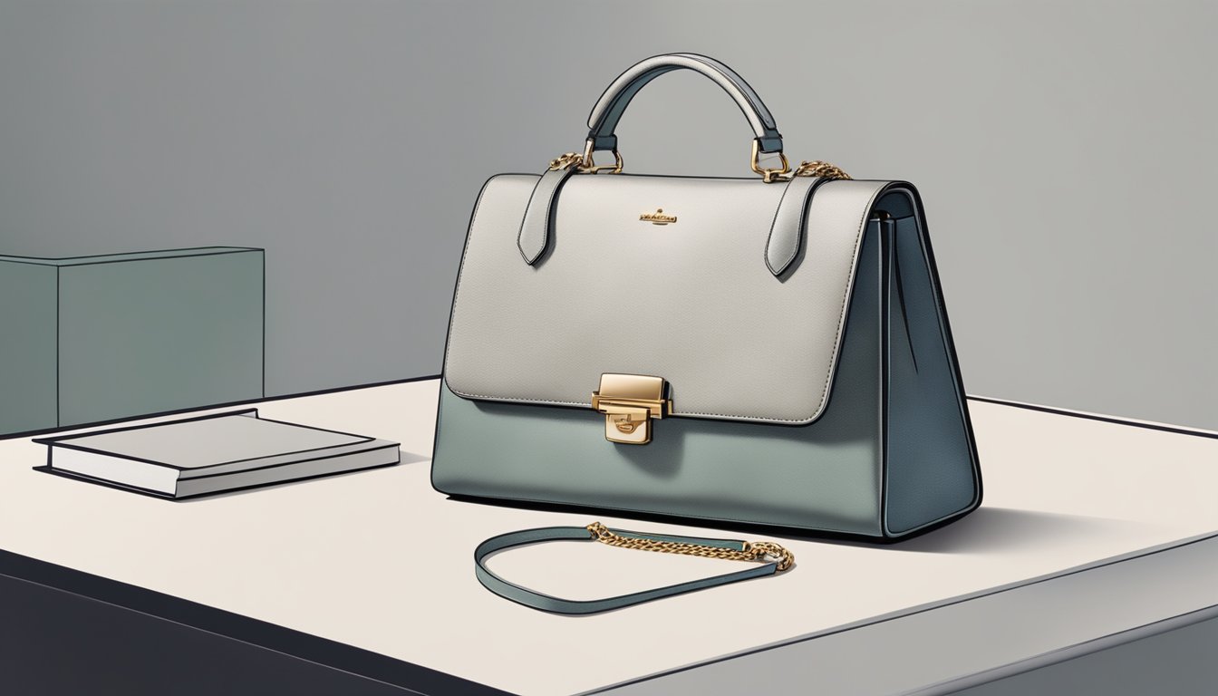 A stylish handbag sits on a sleek modern table, showcasing the perfect blend of functionality and fashion. The brand's logo is subtly embossed on the leather, adding a touch of sophistication