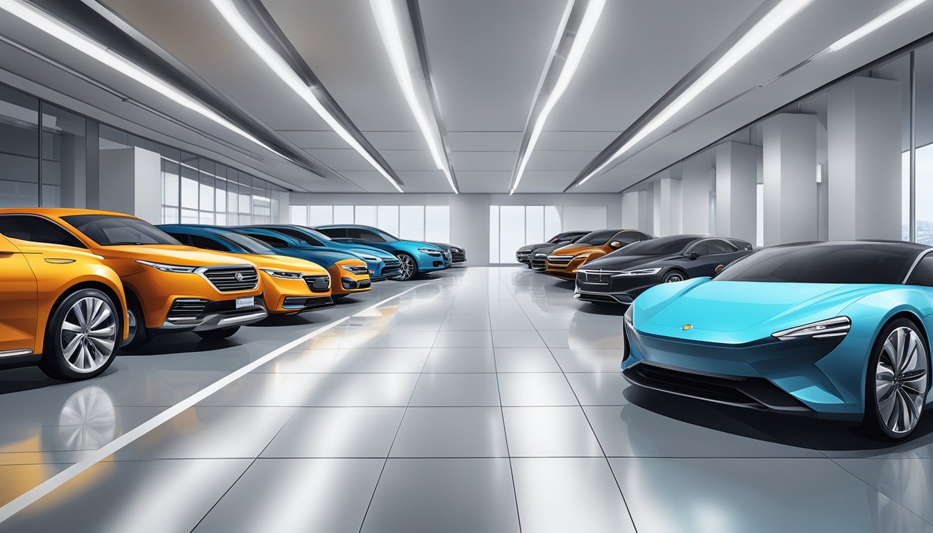 A lineup of Asian Automotive Excellence car brands in a sleek, modern showroom