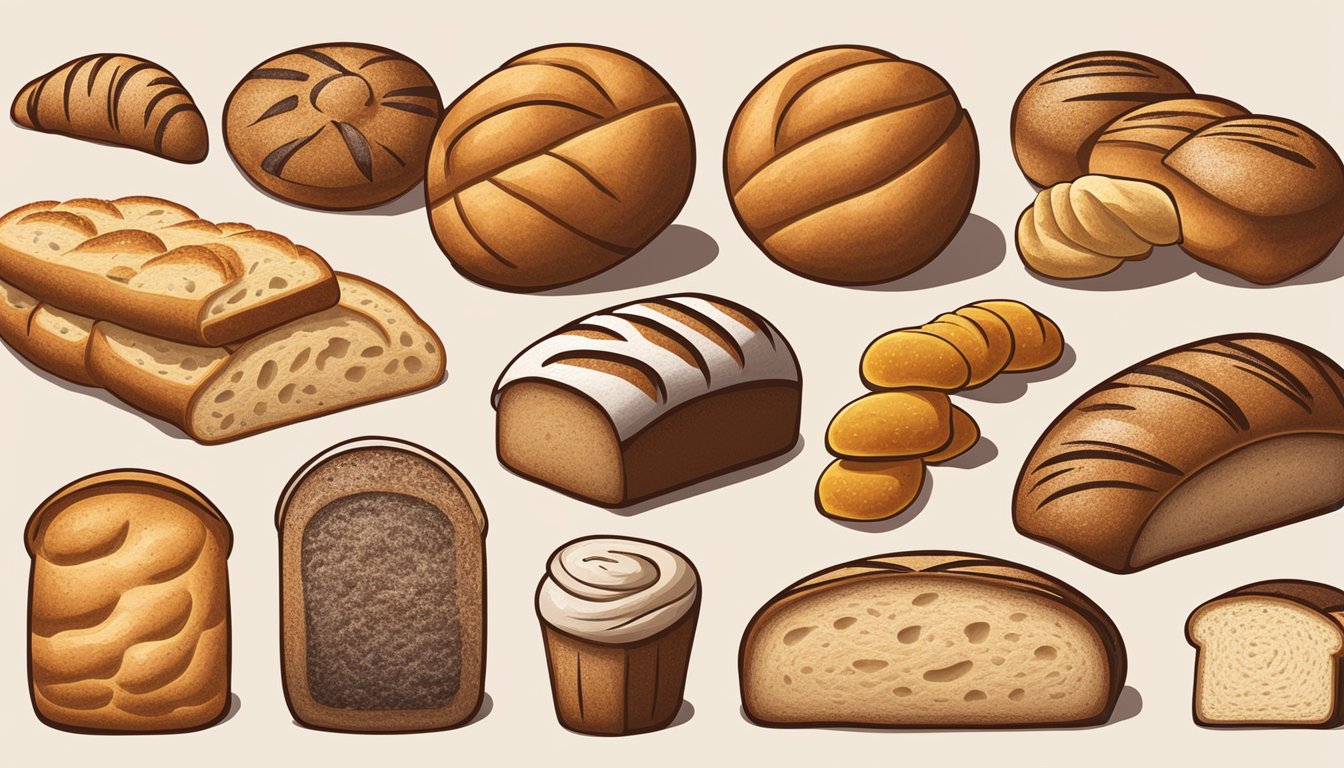 A display of various artisan bread loaves and rolls, showcasing the Bread Varieties and Specialties brand. Each loaf is expertly crafted and unique in shape and texture