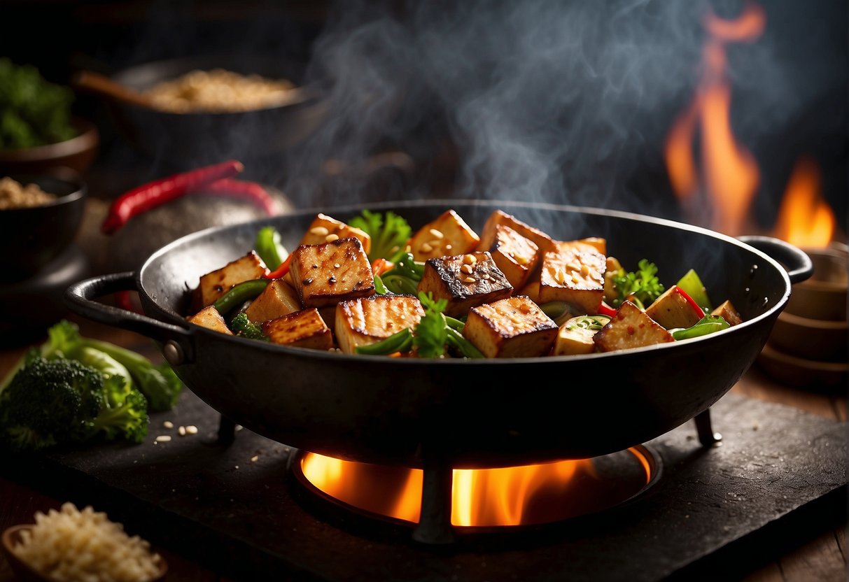 A sizzling wok stir-fries marinated tofu, vegetables, and savory chicken in a fragrant blend of ginger, garlic, and soy sauce