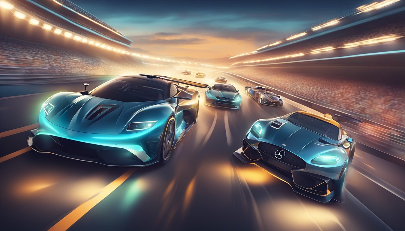 Luxury cars speeding on a racetrack, surrounded by cheering fans and flashing cameras. Bright lights and sleek designs capture the excitement of the pursuit of performance car brands