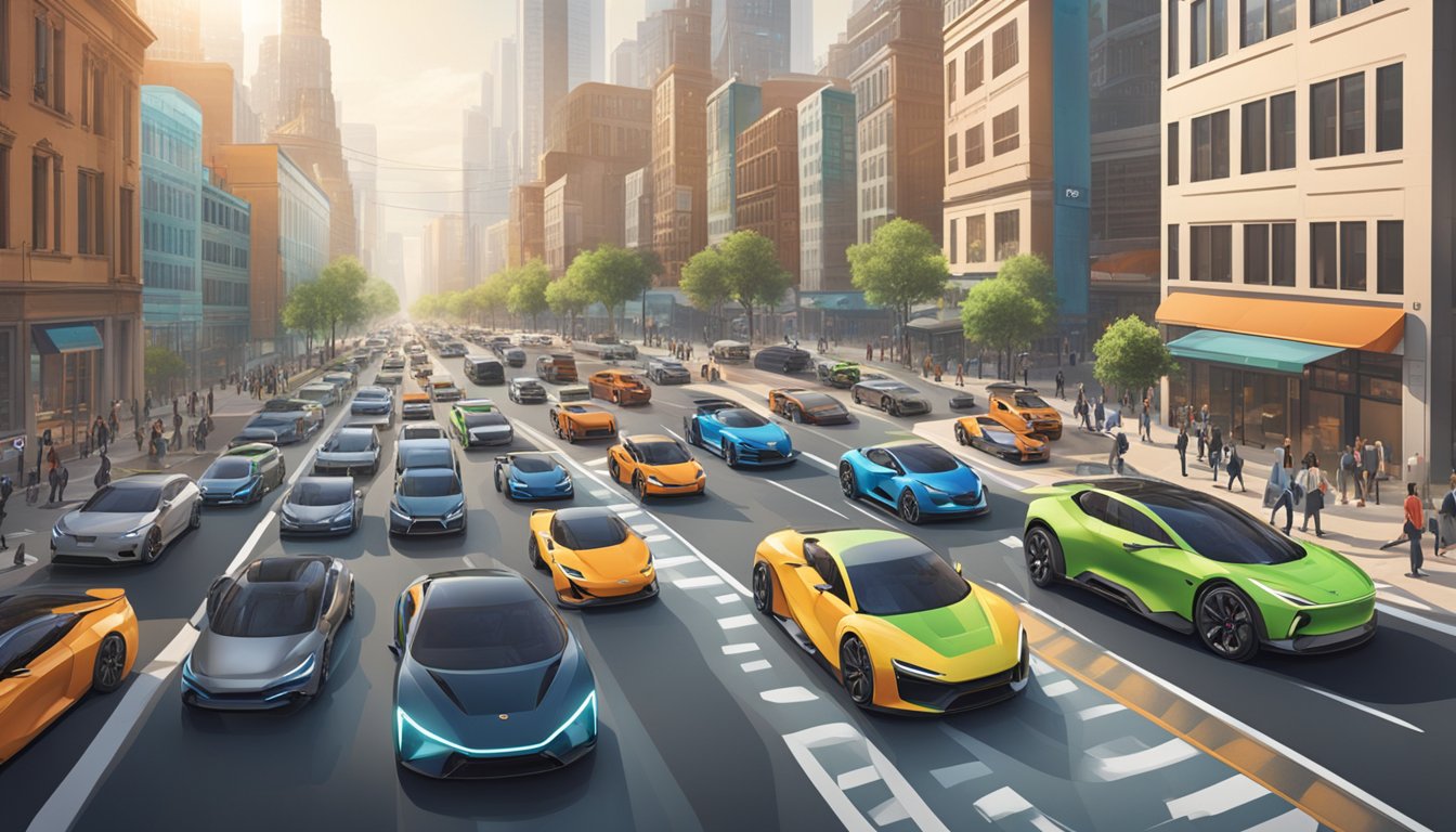 A bustling city street filled with various car brands, from sleek electric vehicles to rugged off-road trucks, showcasing the global impact of car brands