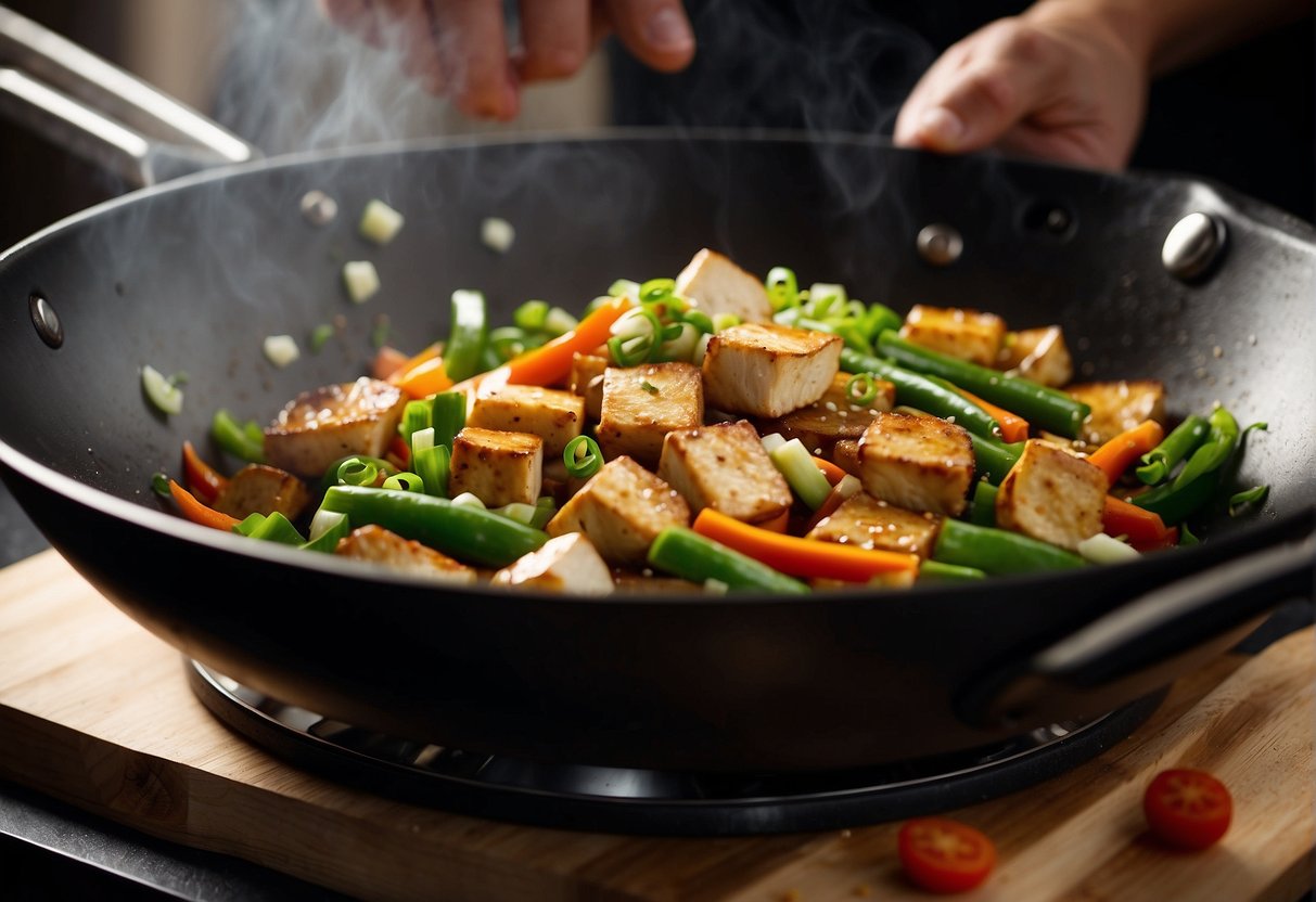 A wok sizzles as tofu and chicken stir-fry with Chinese seasonings. A chef's knife chops green onions and ginger on a cutting board