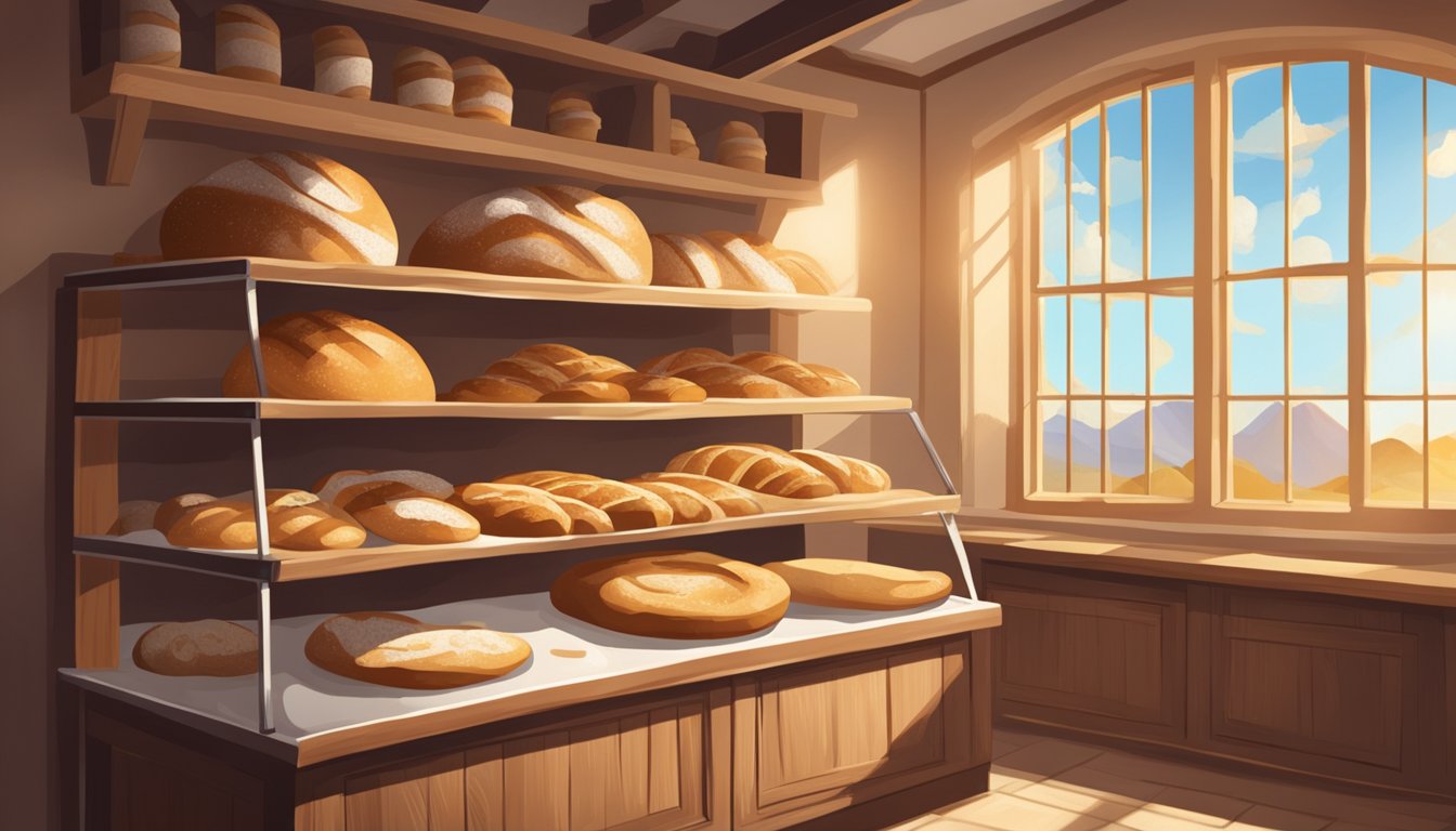A rustic bakery with shelves of freshly baked artisan bread, labeled with "Health and Nutrition" branding. Sunlight streams through the windows, highlighting the golden crusts