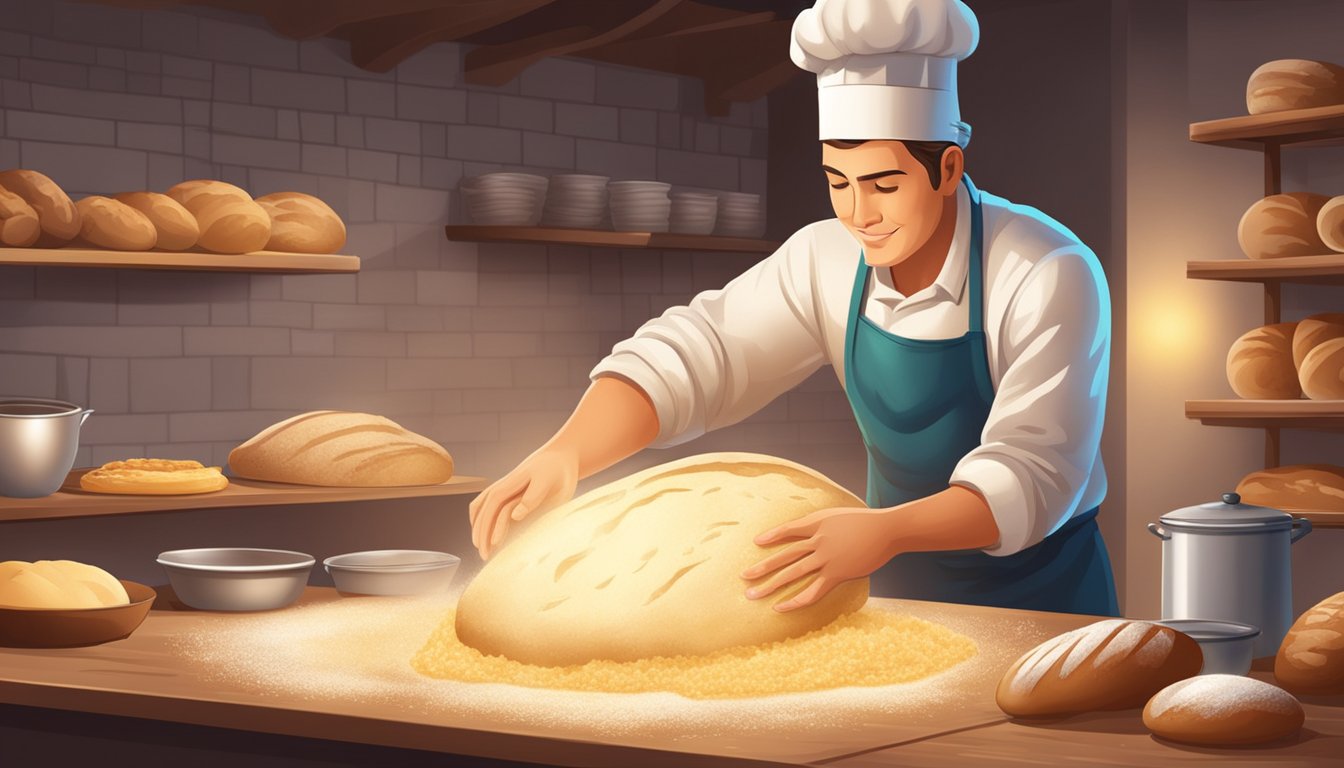 A baker carefully kneads dough, sprinkling flour and adding ingredients for artisan bread. The warm oven glows in the background