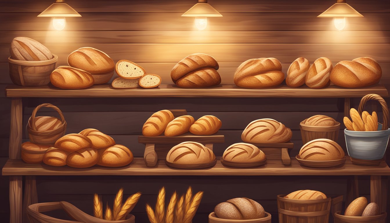 A variety of artisan bread brands displayed on rustic wooden shelves in a cozy bakery, with warm lighting and a welcoming atmosphere