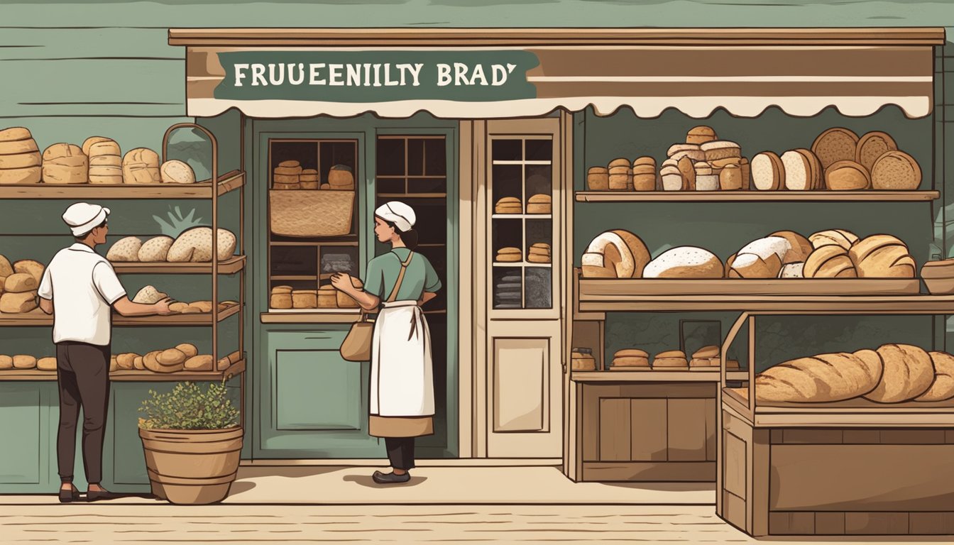 A rustic bakery with shelves of artisan bread and a sign reading "Frequently Asked Questions" brand. Customers browsing and a friendly staff member assisting