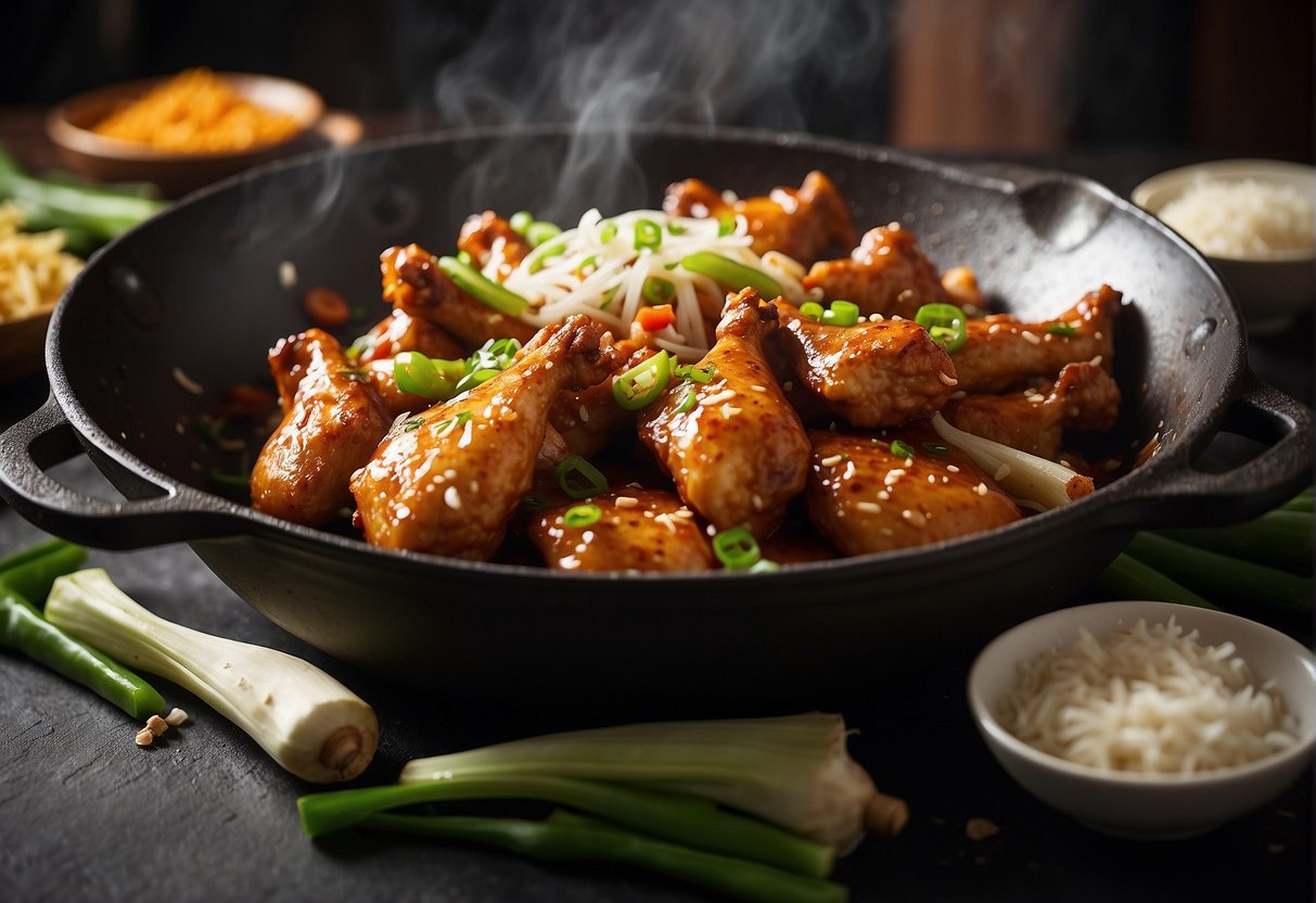 A wok sizzles as chicken wings fry in a fragrant Chinese sauce, surrounded by ginger, garlic, and green onions