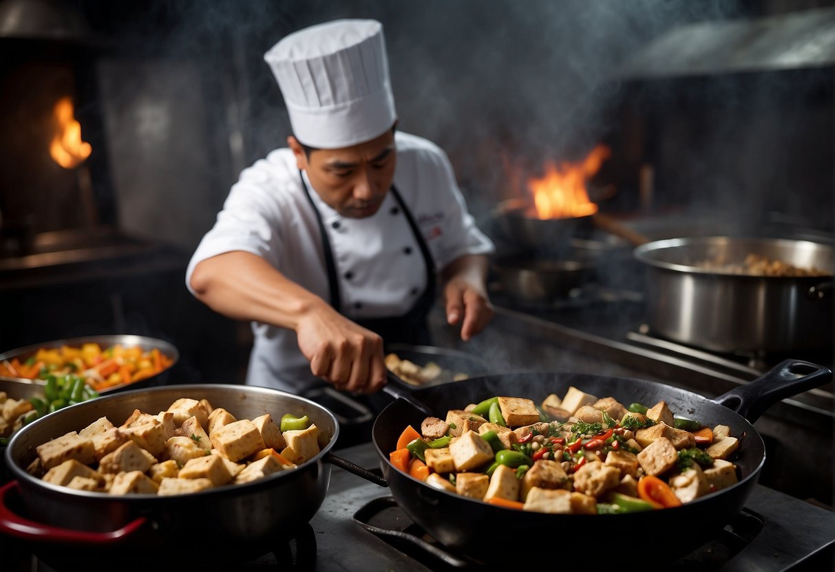 A chef is mixing marinated chicken and tofu with Chinese spices and vegetables in a sizzling wok