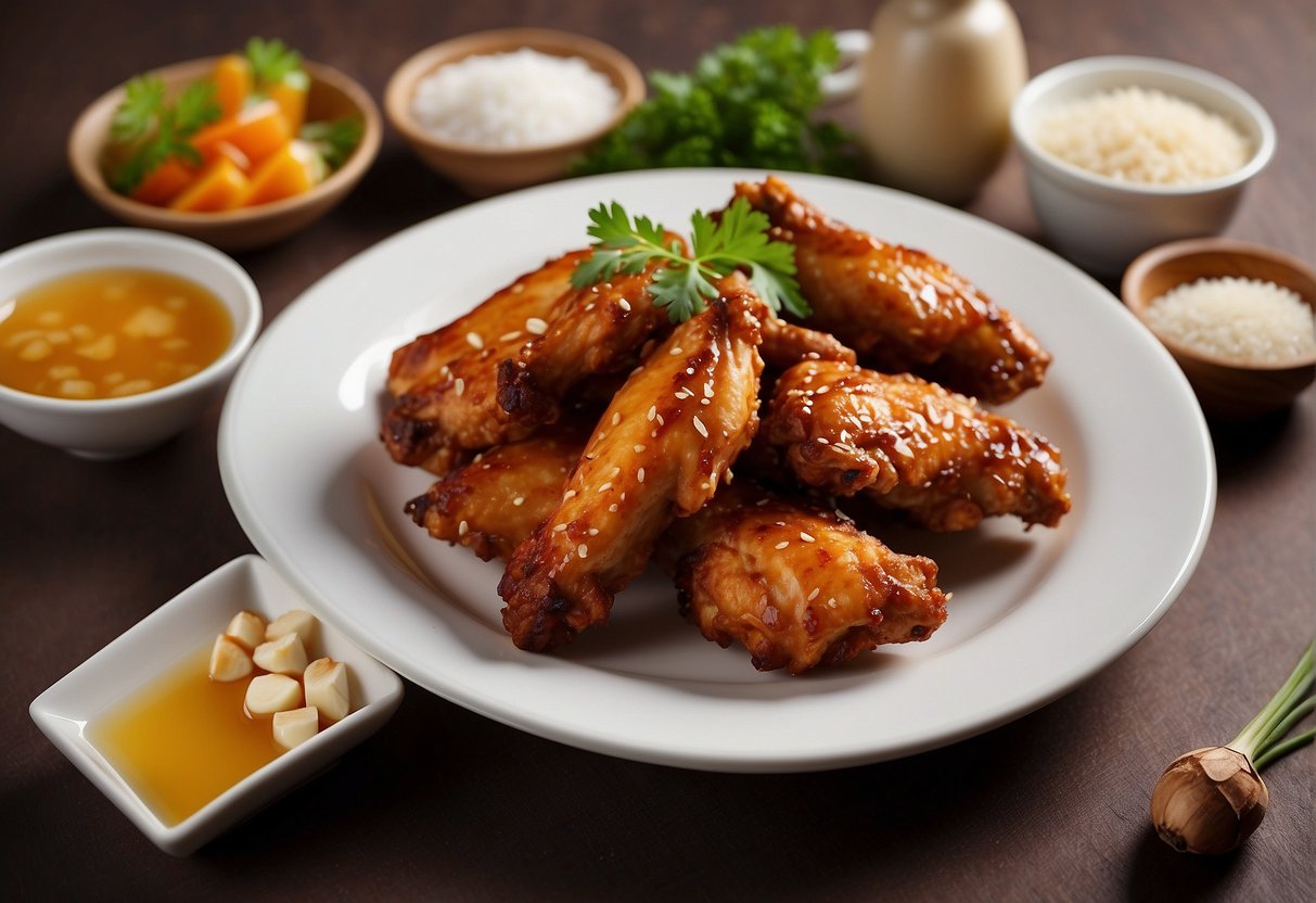 A table with ingredients: chicken wings, soy sauce, ginger, garlic, sugar, vinegar, and oil. A recipe book open to a page titled "Chinese Chicken Wings."