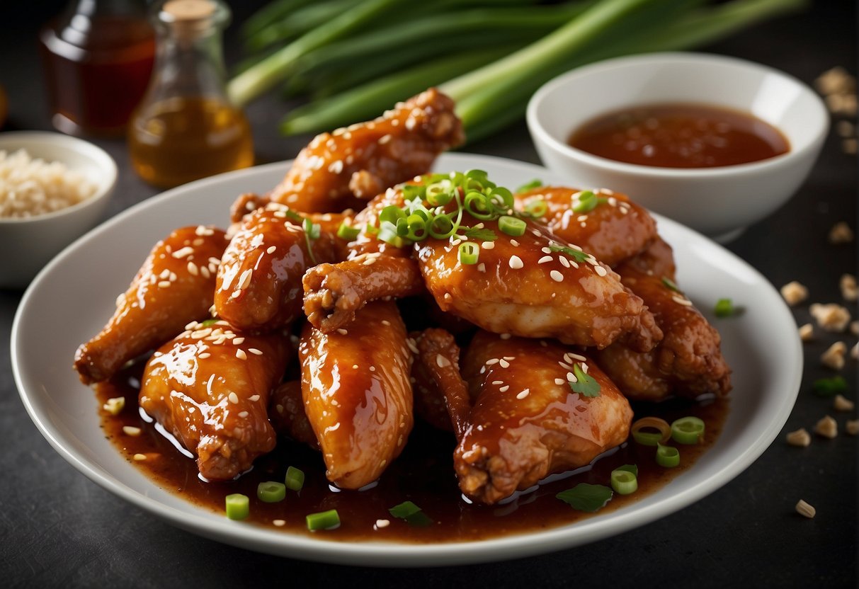 Chicken wings marinating in a Chinese-style sauce, surrounded by ingredients like soy sauce, ginger, garlic, and green onions