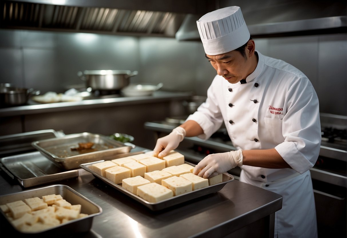 A chef cutting tofu and marinating chicken for a Chinese recipe
