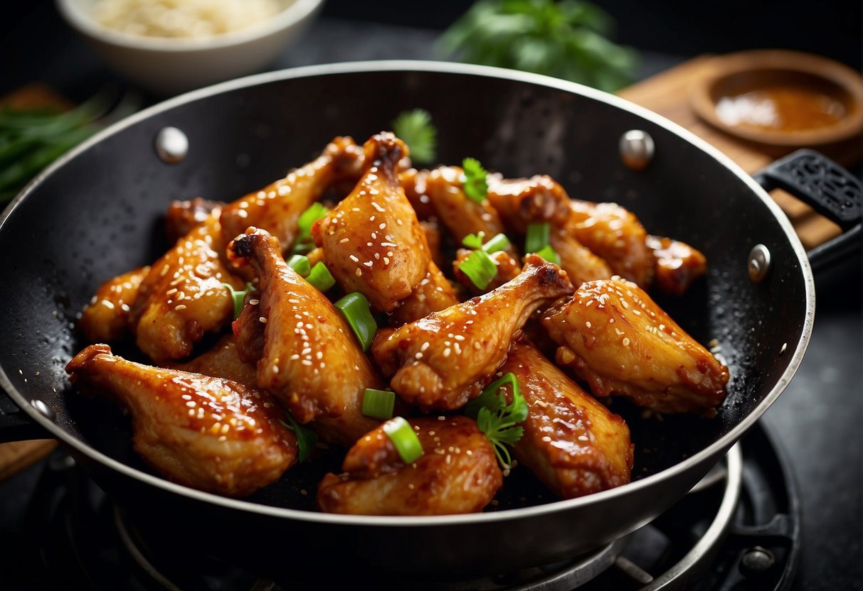 Chicken wings sizzle in a wok as they are stir-fried with ginger, garlic, and soy sauce. The aroma of the Chinese spices fills the air