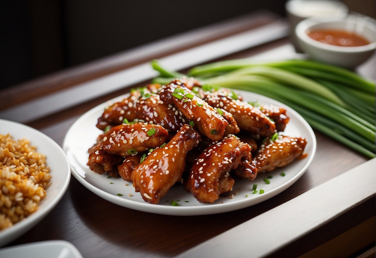 A platter of Chinese-style chicken wings, garnished with sesame seeds and green onions, is elegantly arranged on a white ceramic plate