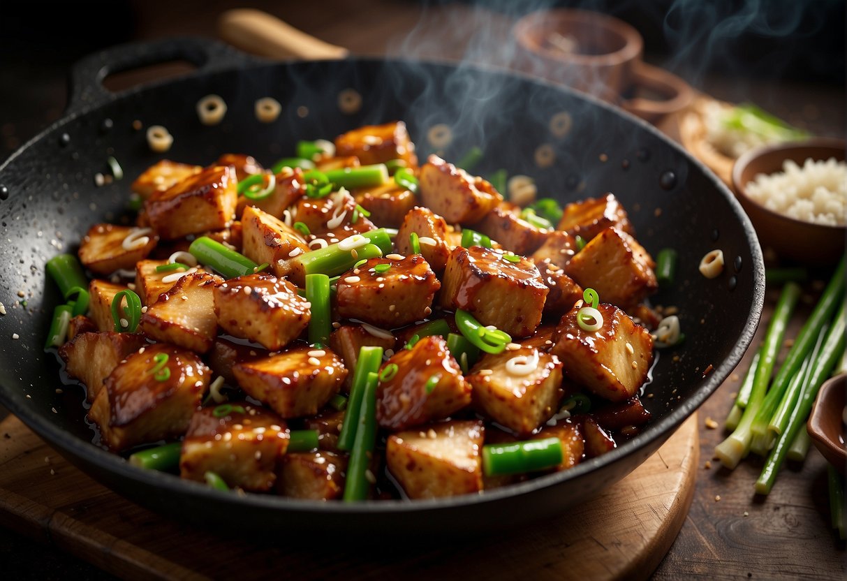 A wok sizzles with stir-fried chicken and tofu. A splash of soy sauce adds color to the dish. Chopped green onions and garlic surround the pan