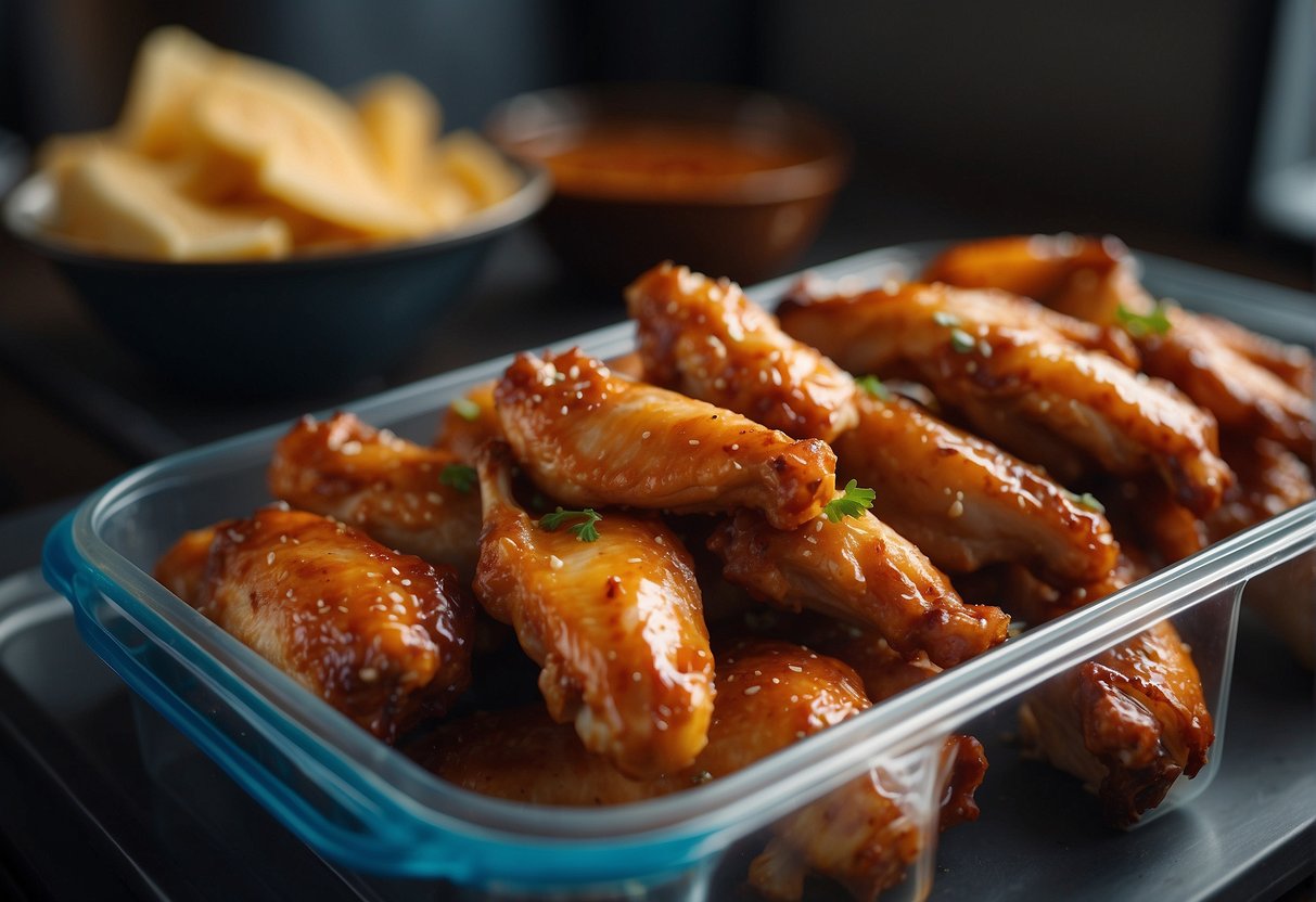 Leftover chicken wings in a clear container, labeled "Chinese recipe", placed in the refrigerator