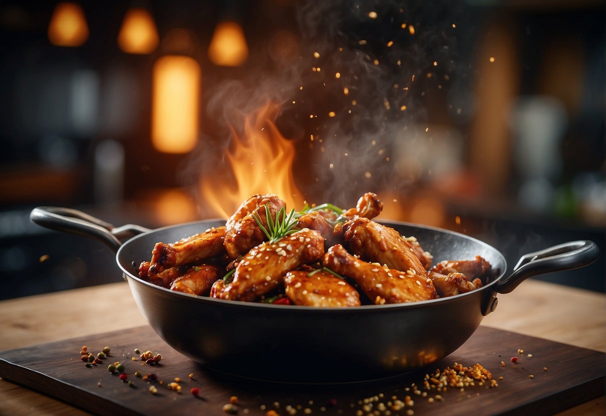 A sizzling wok tosses marinated chicken wings with aromatic Chinese spices, creating a mouthwatering aroma in a bustling kitchen