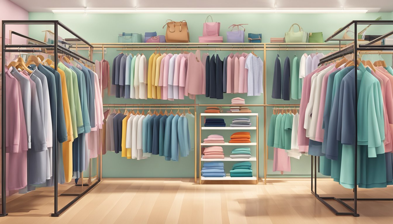 A display of popular family clothing brands on a colorful rack in a boutique