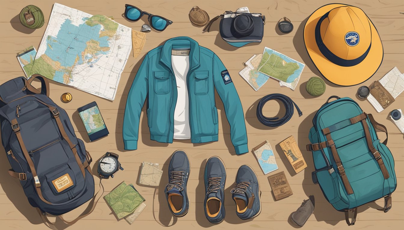 A family's clothing brands on display in a rustic, outdoor setting with adventure gear, maps, and travel souvenirs scattered around