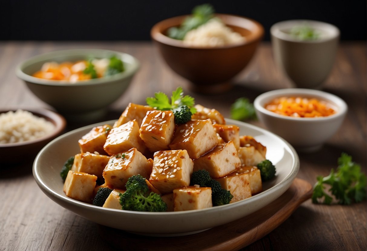 A plate of chicken tofu Chinese dish with nutritional info and dietary considerations displayed next to it