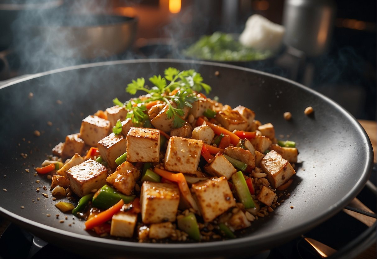 A sizzling wok tosses marinated tofu and diced chicken with aromatic Chinese spices, creating a mouthwatering stir-fry
