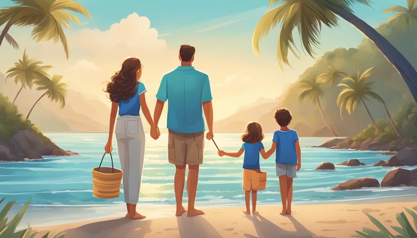 A family in matching clothing stands on a beach, surrounded by palm trees and a clear blue ocean. They hold a bucket list with checkmarks