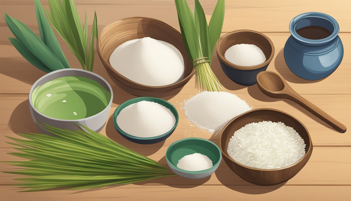 Various ingredients scattered on a wooden table: rice flour, water, sugar, and pandan leaves. A pot and a wooden spoon are nearby