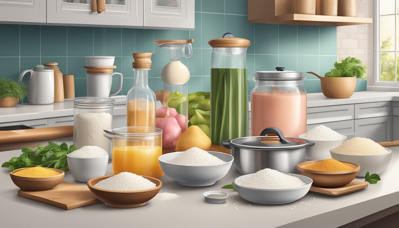 Ingredients and cooking utensils arranged on a clean kitchen counter for making rose brand rice flour porridge