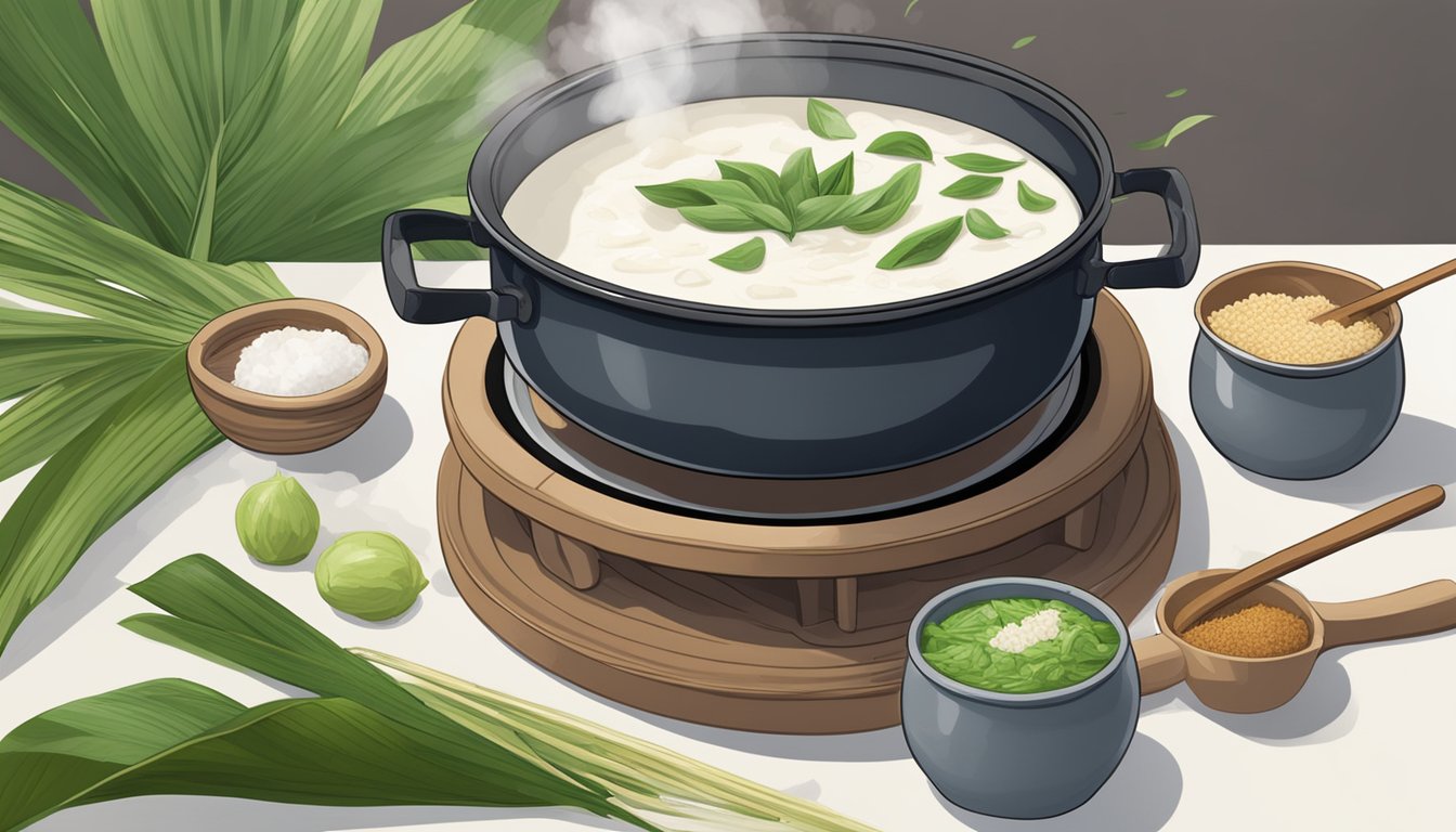 A pot of bubur tepung beras sits on a stove, steam rising. A wooden spoon stirs the creamy mixture as it thickens. Ingredients like coconut milk and pandan leaves sit nearby