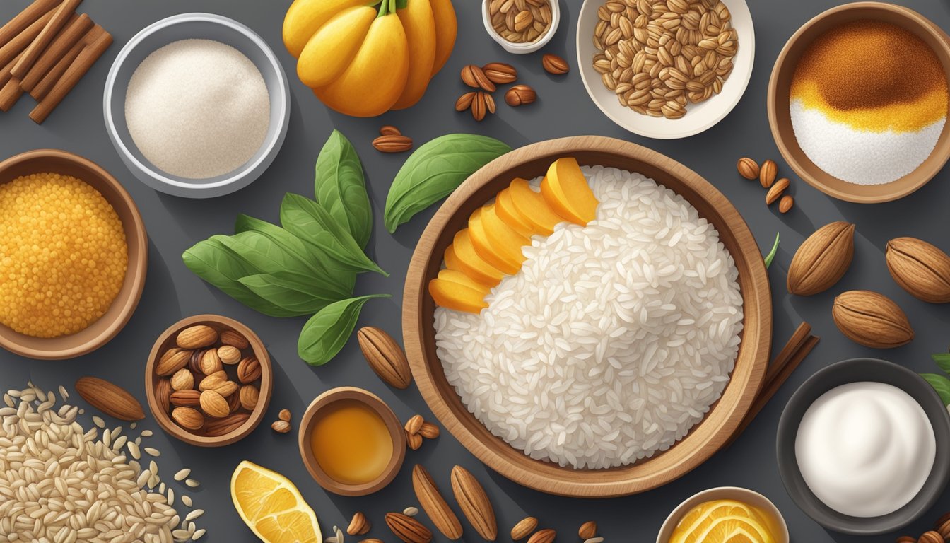 A variety of ingredients, including spices, fruits, and nuts, are being added to a bowl of rice flour porridge, creating a visually appealing and textured dish