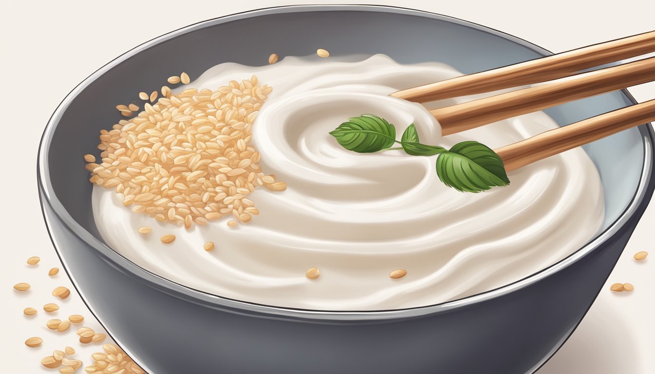 A bowl of rose brand rice flour porridge being ladled into a ceramic bowl, garnished with a sprinkle of sesame seeds and a drizzle of coconut milk