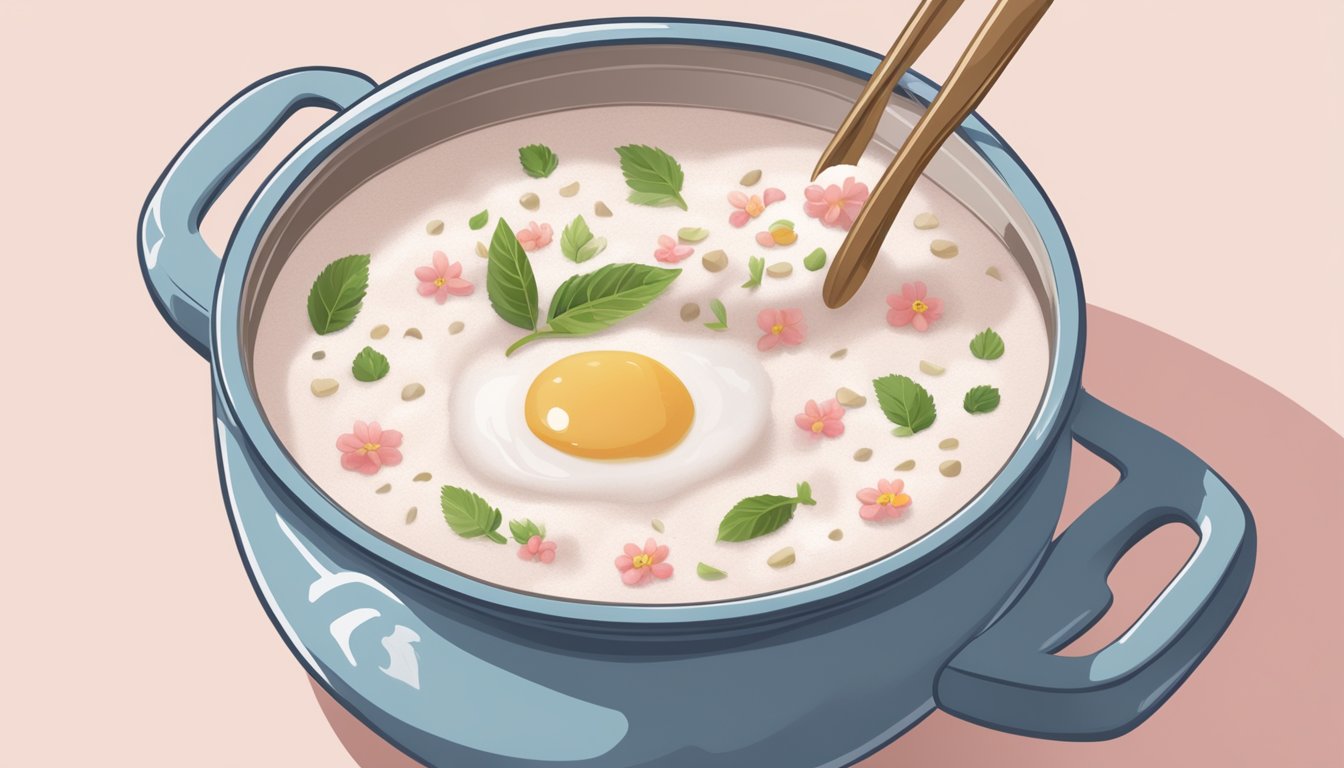 A steaming pot of rose brand rice flour porridge with a spoon beside it and a list of frequently asked questions about how to make it