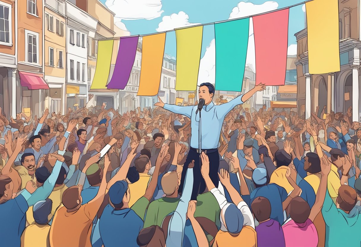 A crowded town square with colorful banners, enthusiastic supporters, and a candidate speaking passionately on a stage