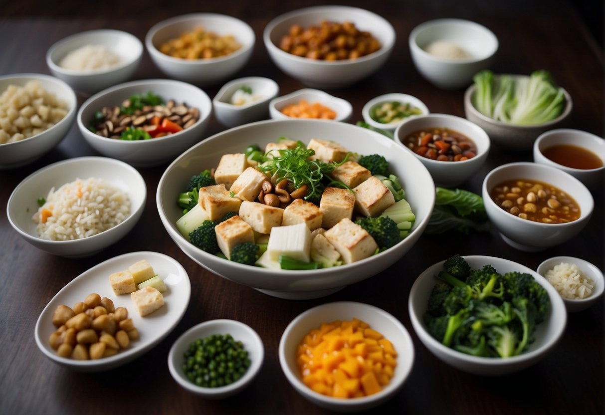 A table set with various Chinese vegetarian dishes, no garlic or onions. Ingredients like tofu, mushrooms, and bok choy are featured