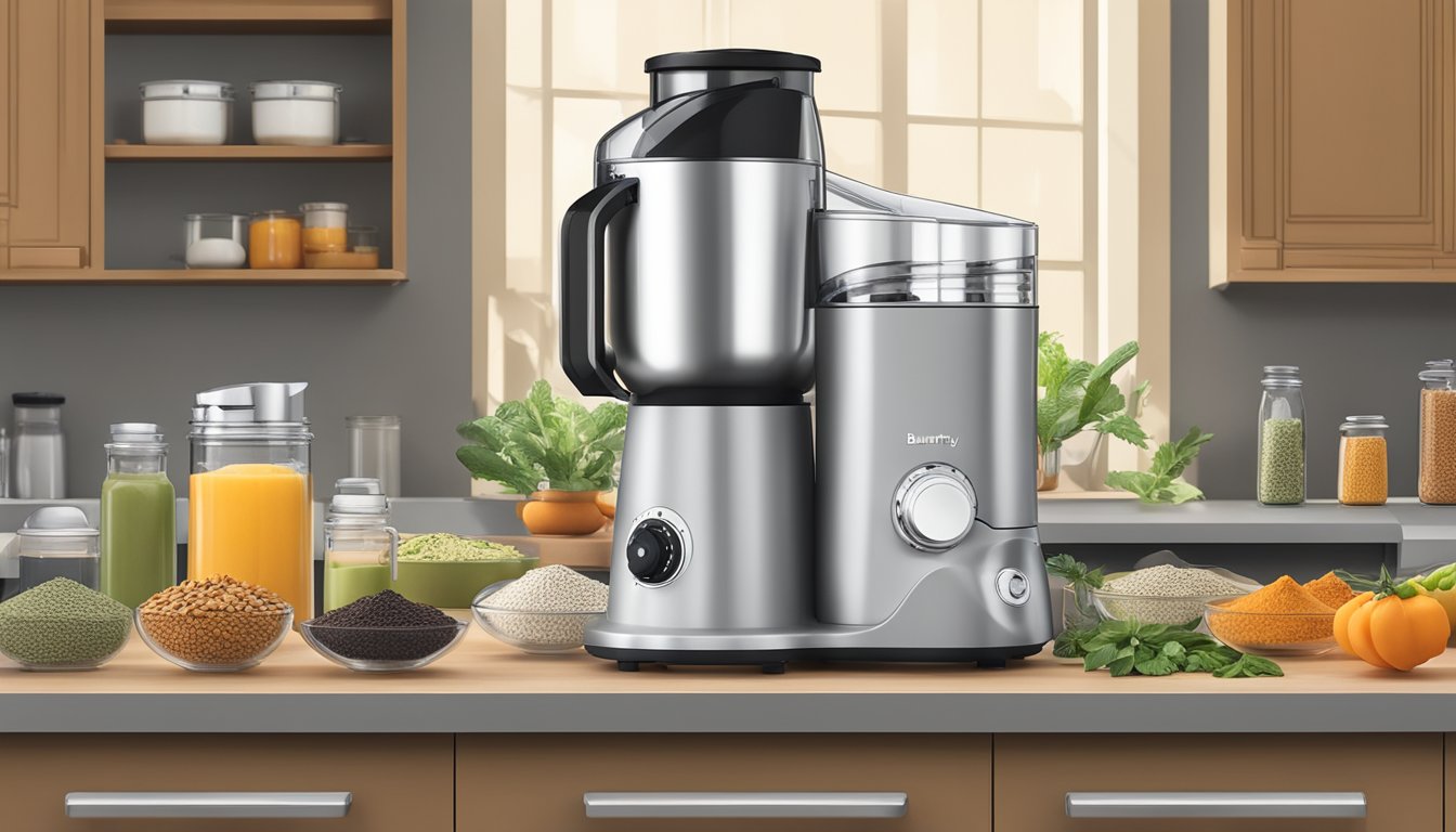 A butterfly brand mixer grinder sits on a kitchen countertop, surrounded by various spices and ingredients ready to be blended