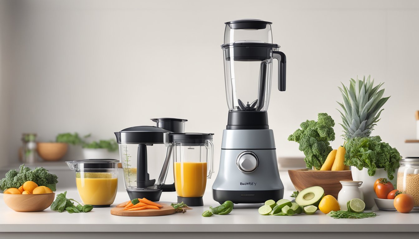 A hand reaches for the sleek Butterfly Brand mixer grinder on a clean, modern kitchen countertop, surrounded by fresh ingredients and utensils