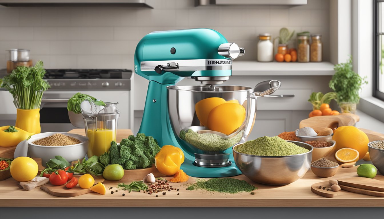 A vibrant kitchen countertop with a sleek Butterfly mixer grinder as the focal point. Bright, fresh ingredients and spices are scattered around, hinting at the appliance's versatility and use in daily cooking