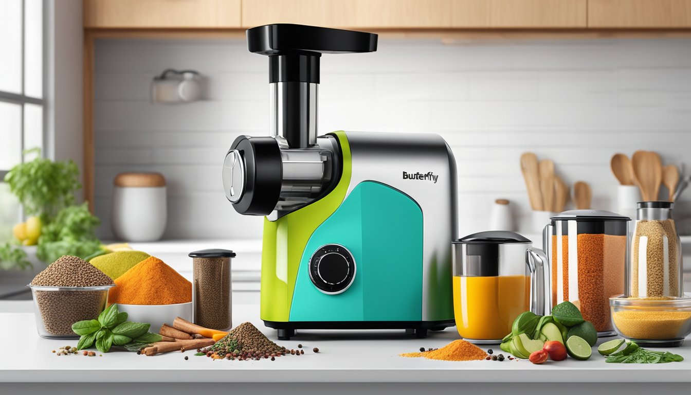 A butterfly brand mixer grinder sits on a clean kitchen countertop, with various spices and ingredients arranged neatly around it. The grinder's sleek design and vibrant colors make it an eye-catching addition to the kitchen