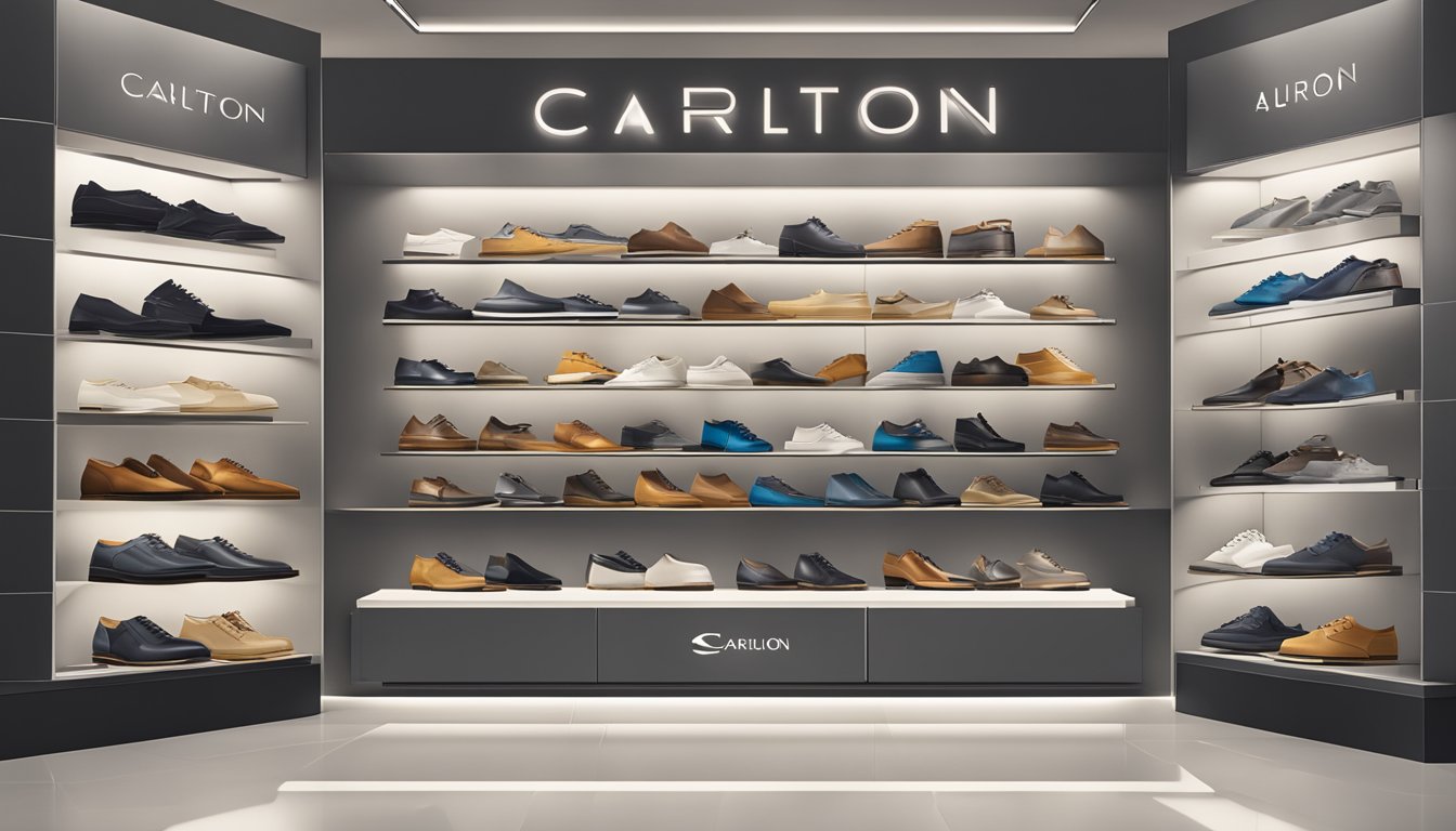 A display of Carlton London brand shoes on a sleek, modern store shelf
