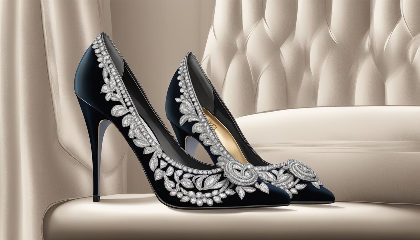 A pair of elegant, high-heeled shoes adorned with the signature Carlton London logo, resting on a luxurious velvet cushion