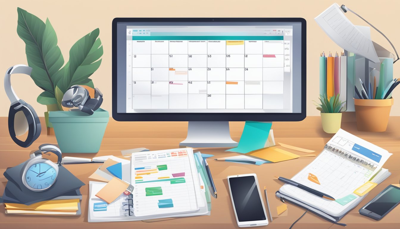 A busy office desk with a computer, notebook, and marketing materials. A calendar showing upcoming deadlines and meetings. A phone ringing with notifications