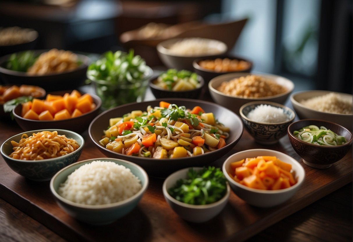 A table set with colorful Chinese vegetarian dishes, free of garlic and onions, arranged in an inviting display
