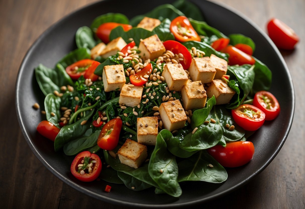 Vibrant green spinach and tofu stir-fry arranged in a circular pattern on a white ceramic plate, garnished with sliced red bell peppers and a sprinkle of sesame seeds