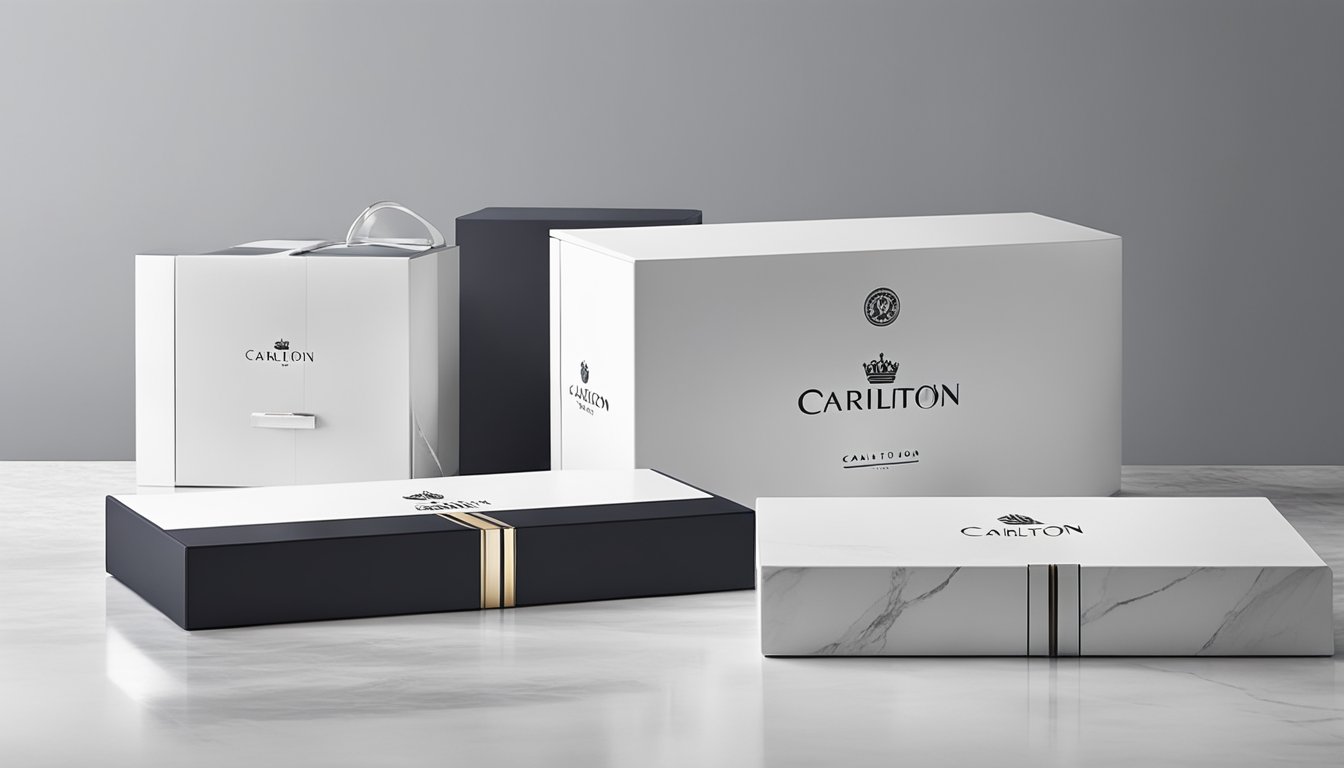 A sleek and stylish Carlton London shoe box sits on a marble countertop, with the brand's logo prominently displayed. The packaging exudes quality and sophistication